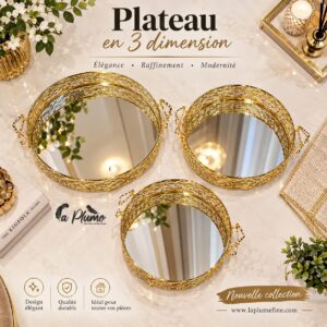 Trio de plateaux miroirs dorés tridimensionnels